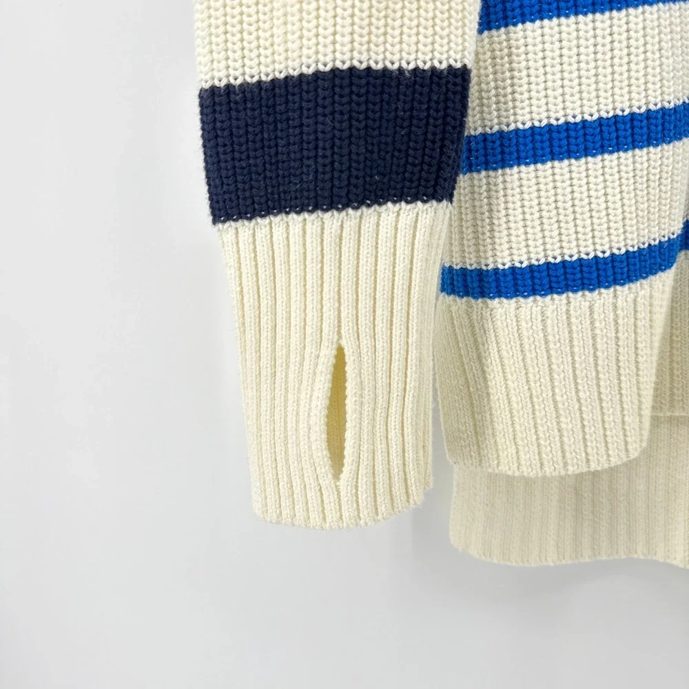 Talbots Multi Stripe Crewneck High-Lo Sweater Large Petite Ivory Blue Thumbholes